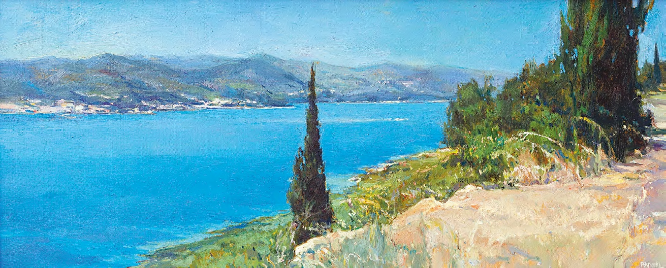 Jeden z obrazów Józefa Panfila inspirowany krajobrazami południowej Europy (Motyw z Dalmacji, 2011, olej, 41x100)