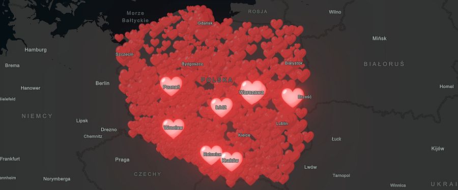 Fundacja WOŚP: Mapa lokalizacji przekazanego sprzętu i wyposażenia placówkom medycznym (za: wosp.org.pl)